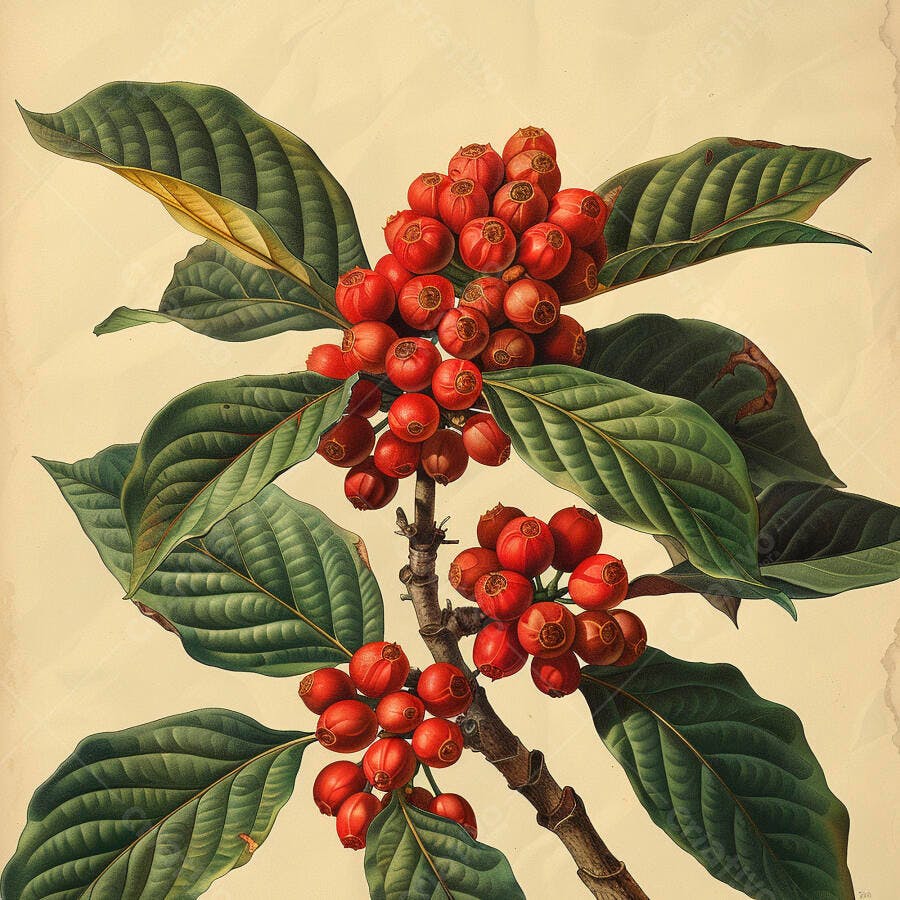 Ilustração botânica de ramo com frutos vermelhos vibrantes e folhas verdes vintage