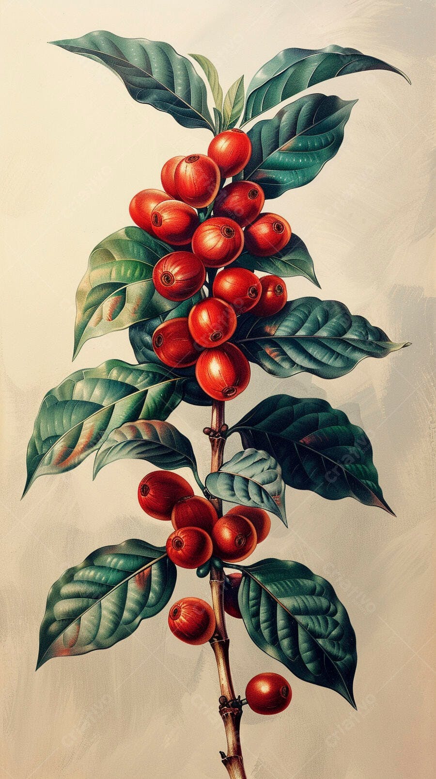 Ramo de café com grãos vermelhos maduros e folhas verdes estilo botânico vintage