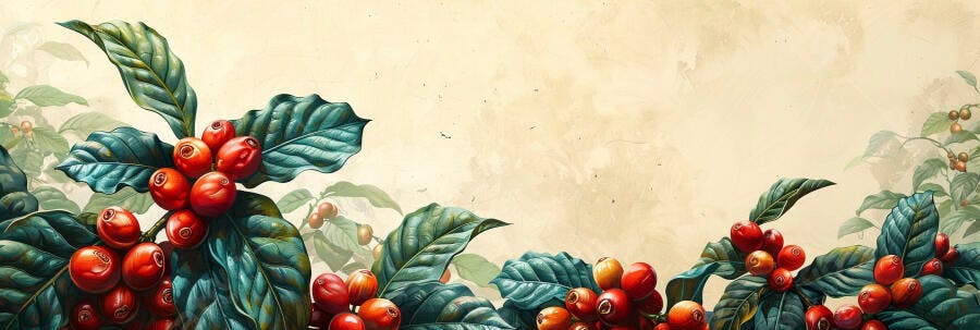 Grãos de café vermelhos e folhas verdes em ilustração botânica vintage