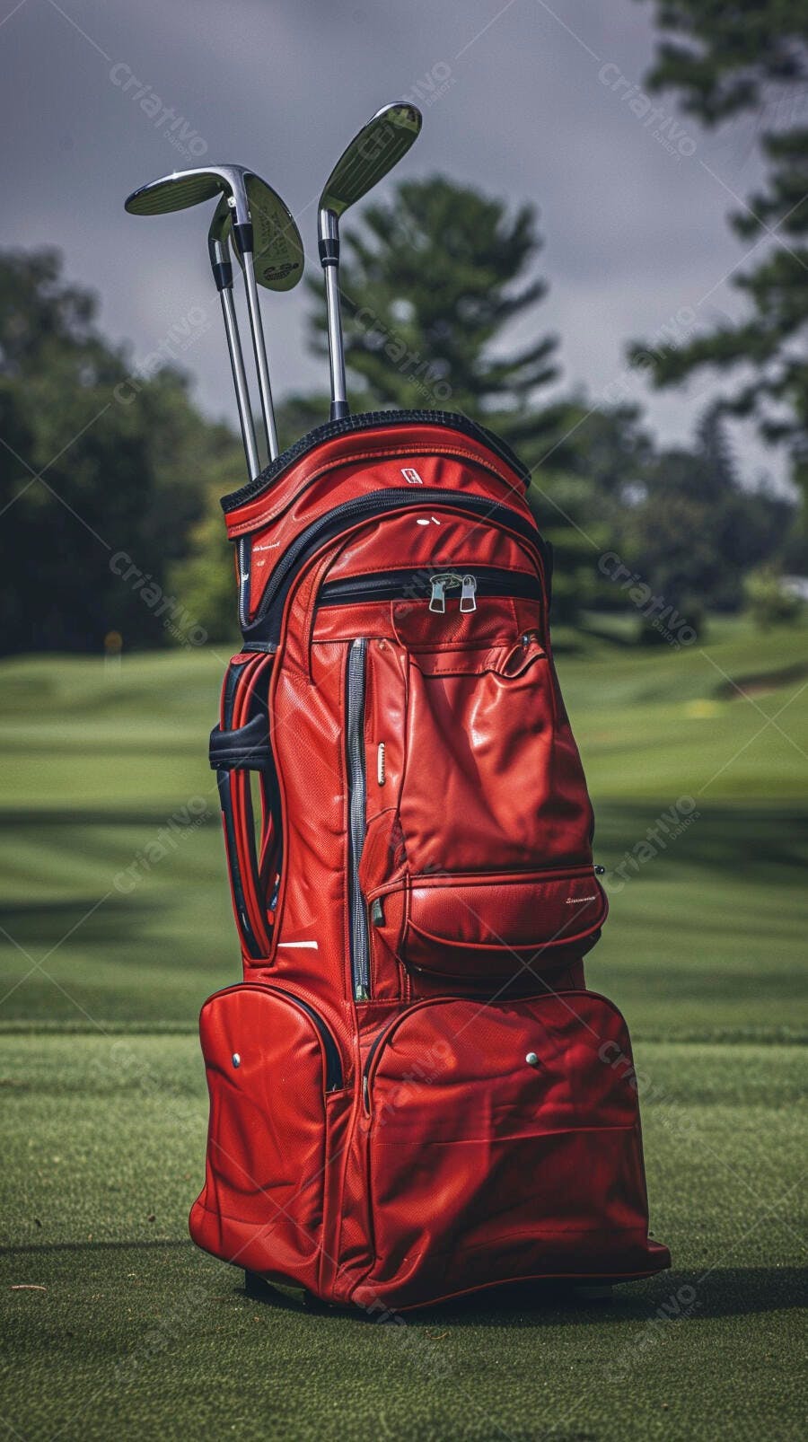 Bolsa de golfe vermelha com tacos em campo de golfe sob céu nublado