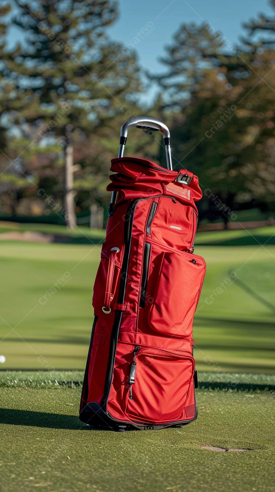 Bolsa de golfe vermelha com alça prateada em campo verde ensolarado
