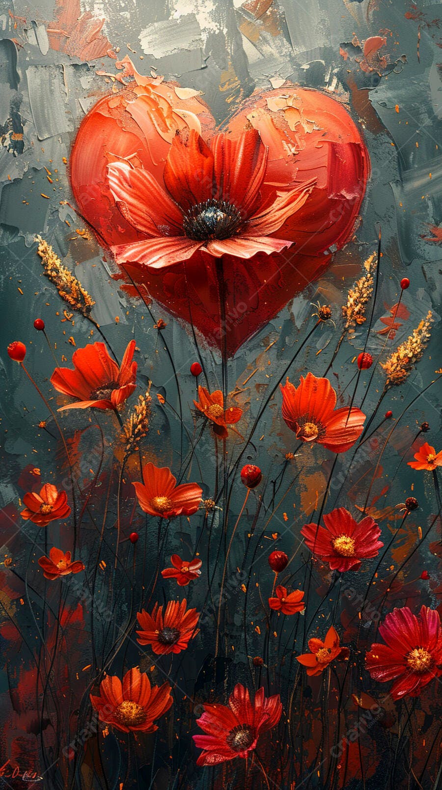 Pintura a óleo coração vermelho e flores vibrantes fundo abstrato texturizado