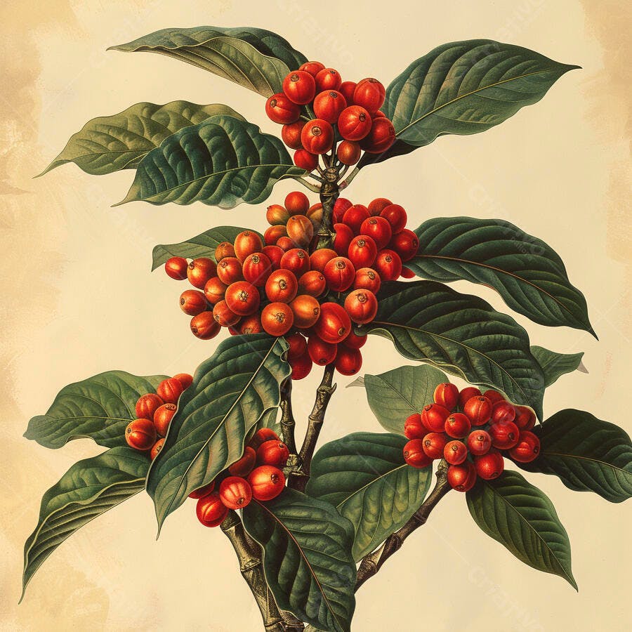 Planta de café com grãos vermelhos maduros e folhas verdes escuras ilustração vintage