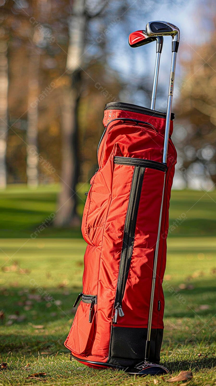 Bolsa de golfe vermelha com tacos em campo gramado ensolarado