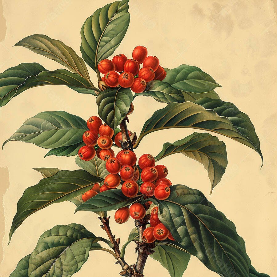 Ilustração botânica de planta com frutas vermelhas e folhas verdes em fundo creme