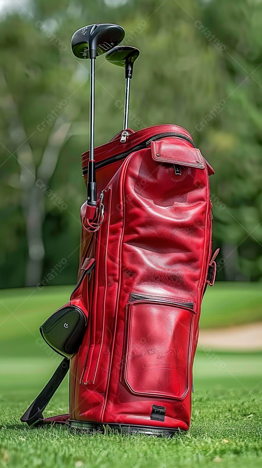 Bolsa de golfe vermelha com tacos no campo verde