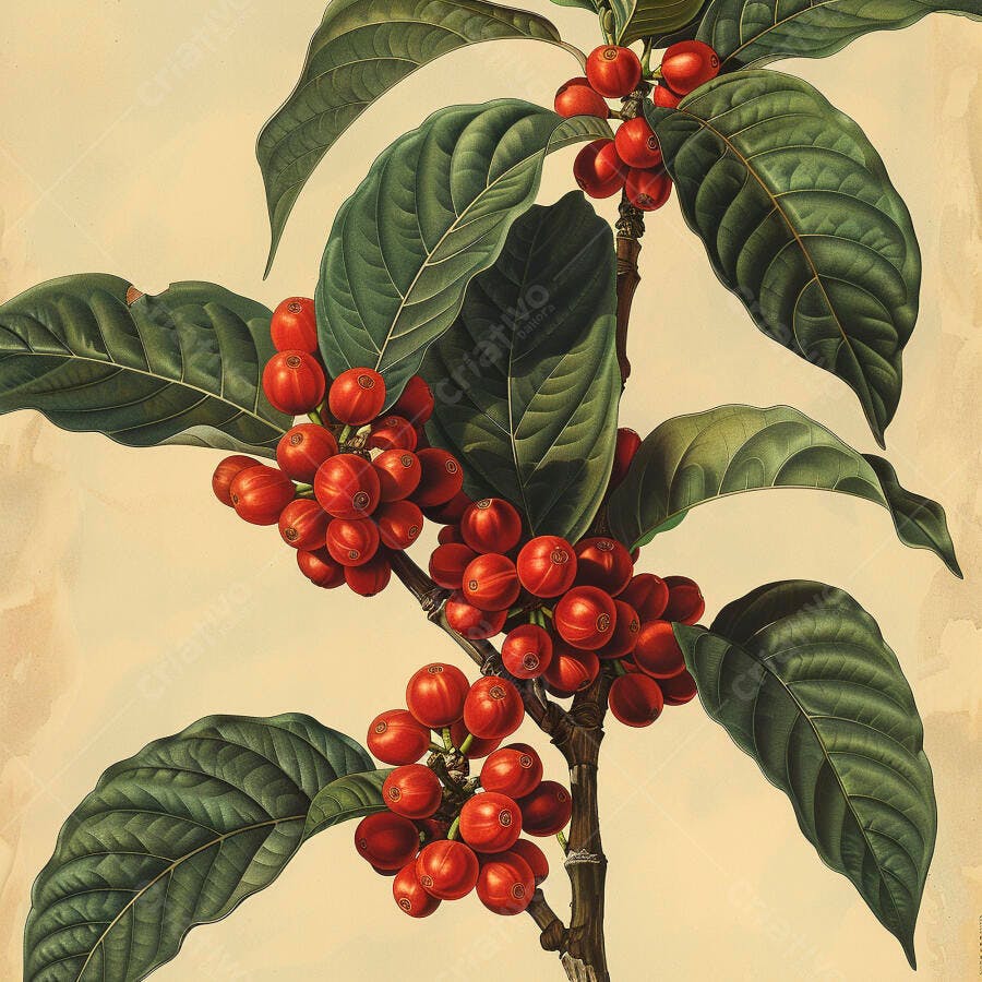 Cafezeiro com frutos vermelhos maduros ilustração botânica vintage em fundo bege claro