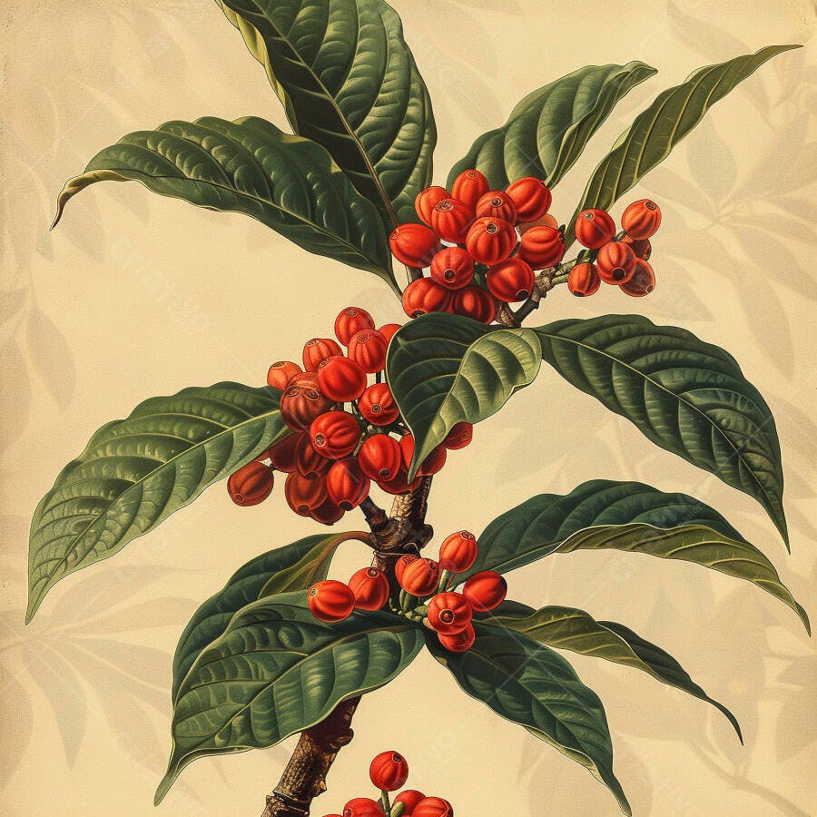 Planta com bagas vermelhas e folhas verdes ilustração botânica vintage