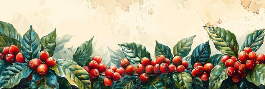Ramos de café com bagas vermelhas maduras e folhas verdes vibrantes em estilo aquarela