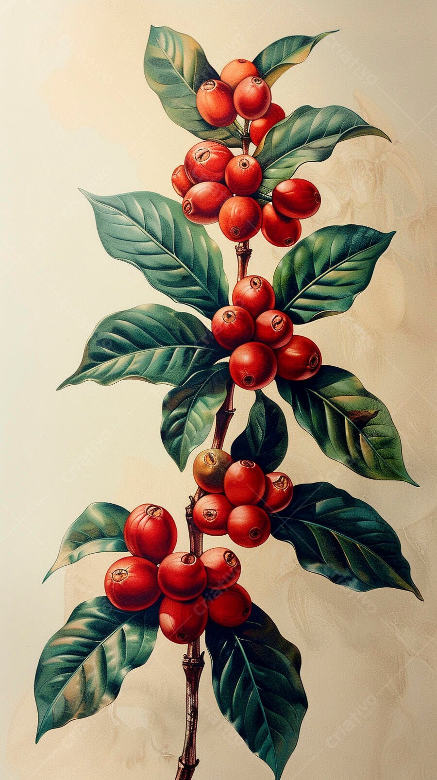 Ramo de café com frutos vermelhos maduros e folhas verdes ilustração botânica