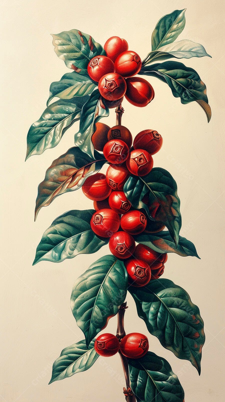 Cafeto com frutos vermelhos maduros e folhas verdes botânica vintage