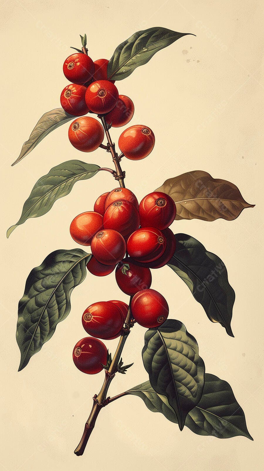 Ramo de café com cerejas maduras e folhas verdes ilustração botânica vintage