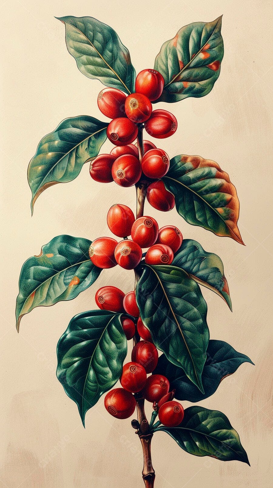 Grãos de café vermelho maduros em galho com folhas verdes ilustração botânica