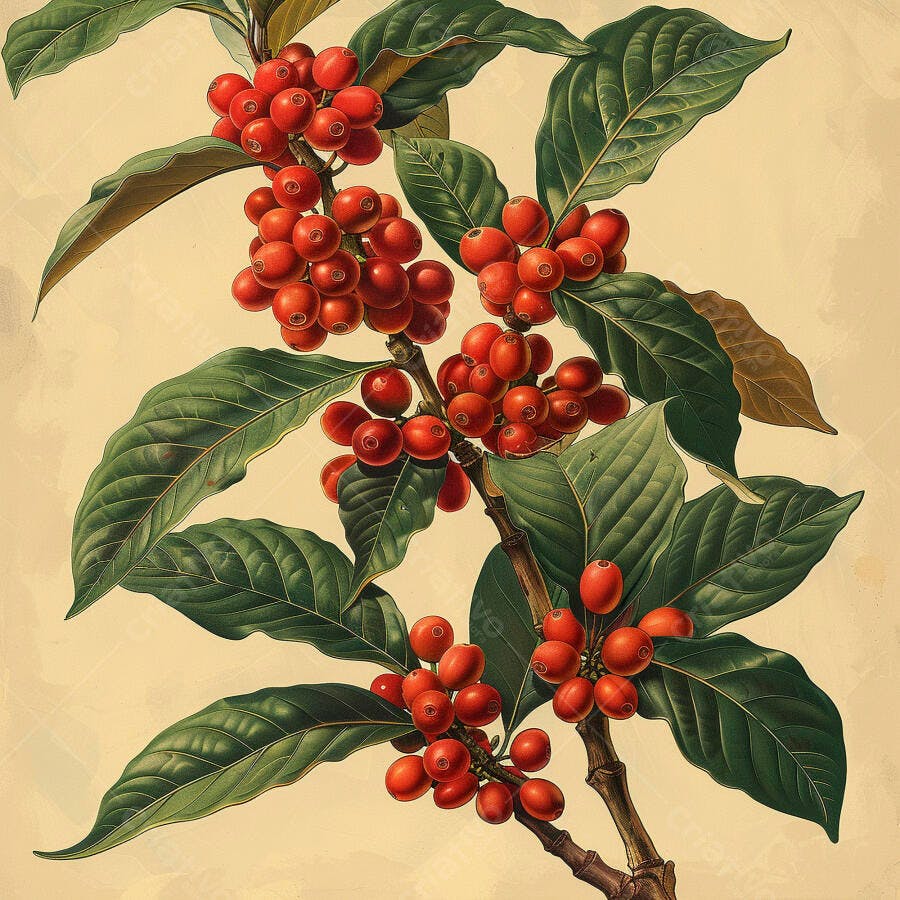 Ramo de café com cerejas vermelhas maduras e folhas verdes ilustração botânica