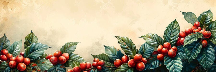 Grãos de café vermelhos e folhas vibrantes em ilustração botânica vintage