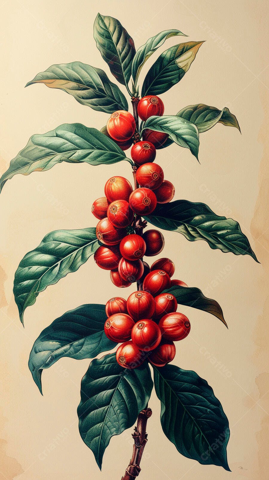 Grãos de café vermelhos maduros em ramo com folhas verdes ilustração botânica