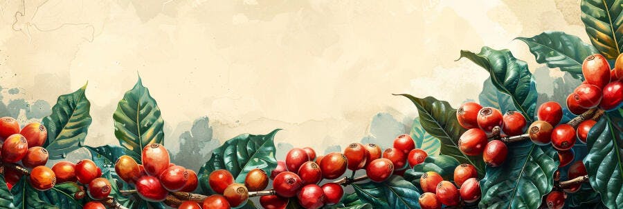 Grãos de café maduros vermelhos em arbusto com folhas verdes aquarela