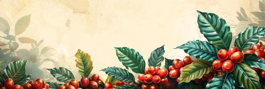 Planta de café grãos vermelhos folhas verdes ilustração botânica vintage