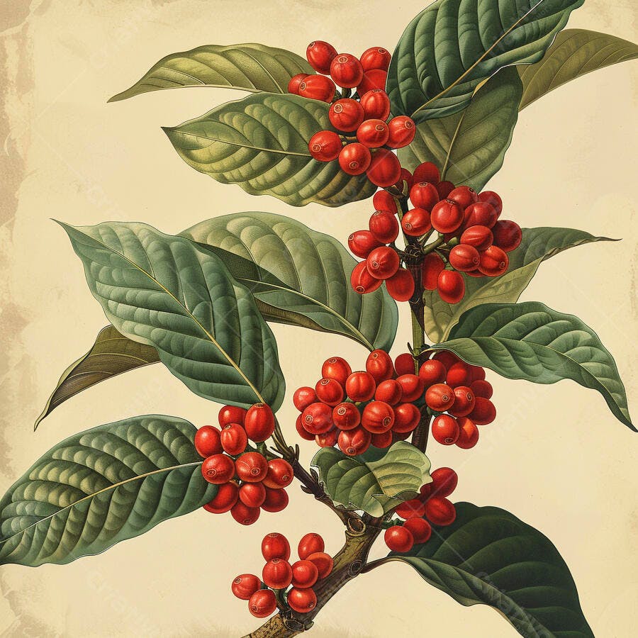 Ramo de planta de café com cerejas vermelhas e folhas verdes em ilustração botânica