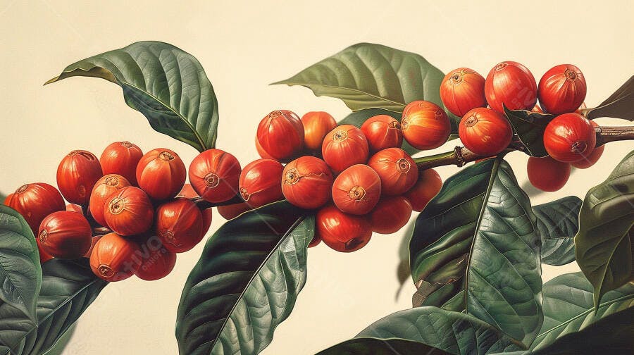 Frutos de café vermelhos em galho com folhas verdes em fundo claro