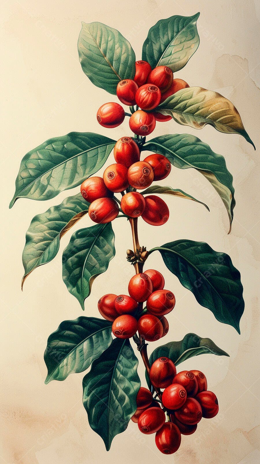 Ramo de café com grãos vermelhos maduros ilustração botânica vintage