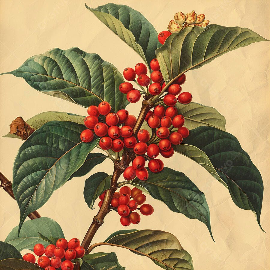 Ilustração botânica vintage de ramo com bagas vermelhas e folhas verdes