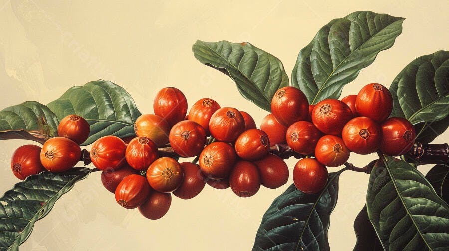 Cerejas de café vermelhas maduras em galho com folhas verdes vibrantes