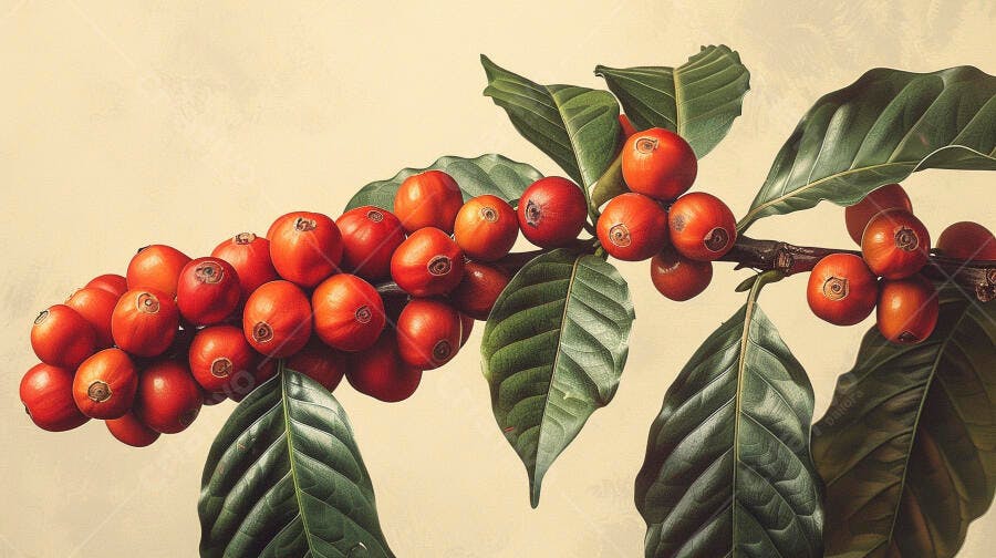 Cerejas de café maduras em galho com folhas verdes vibrantes