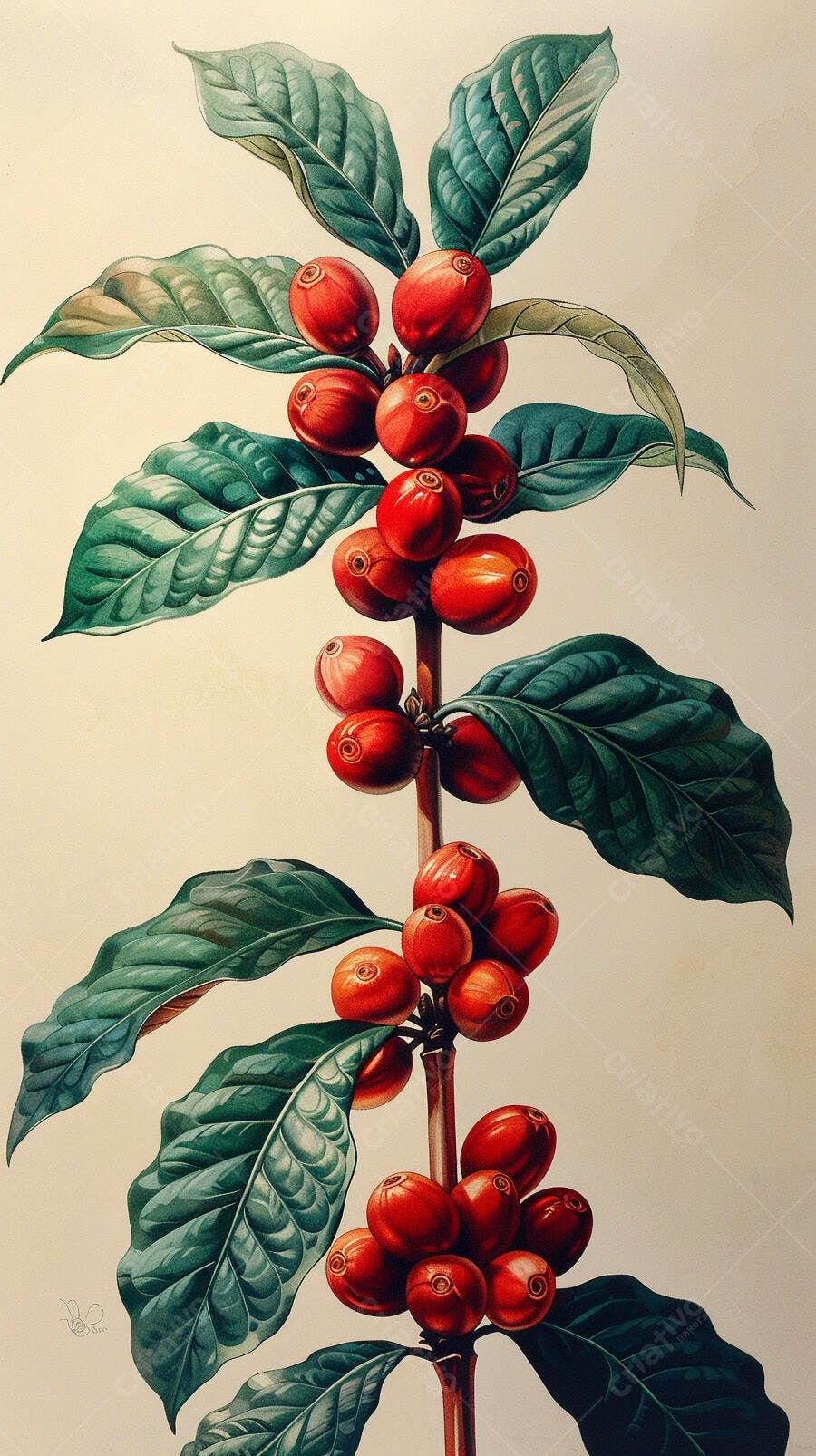 Planta de café ilustração botânica com bagas vermelhas e folhas verdes em fundo claro