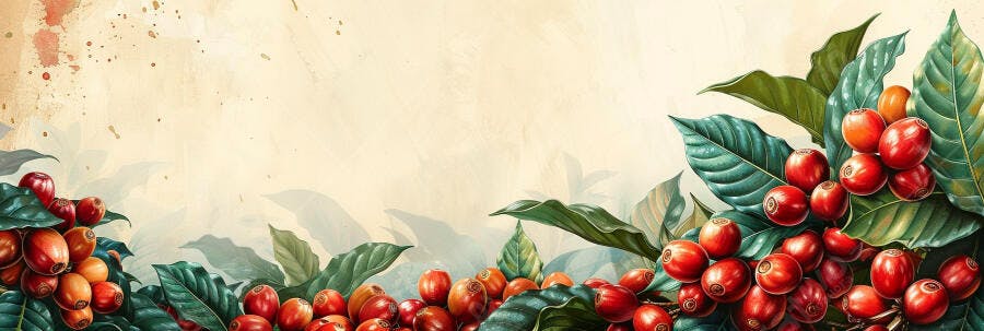 Cerejas de café vermelhas ilustração botânica com folhas verdes e fundo creme