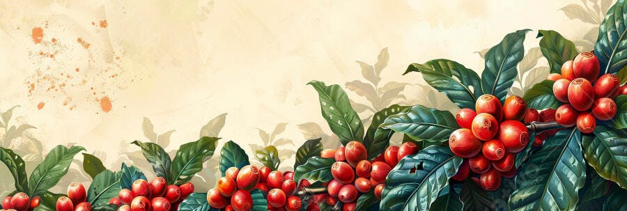 Frutos de café vermelhos em ramos verdes fundo claro para texto