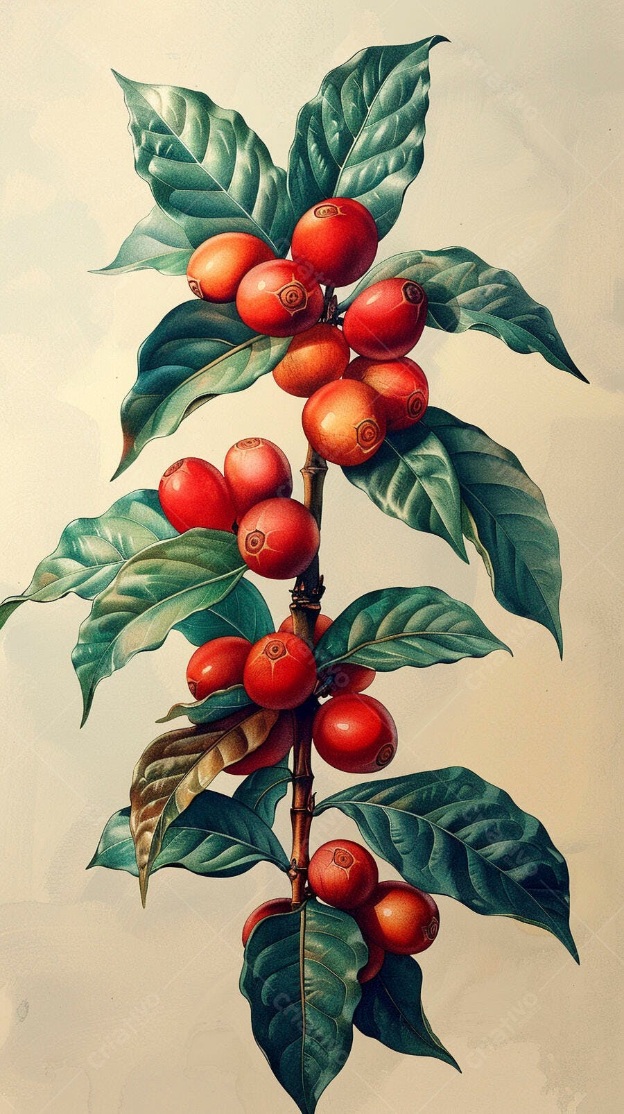 Pé de café com frutos maduros vermelhos e folhas verdes ilustração botânica