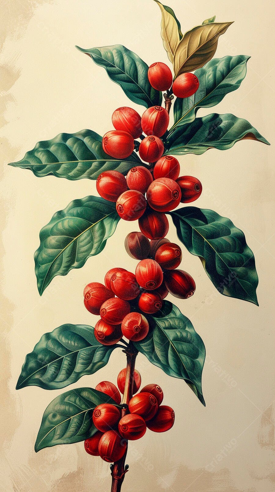 Grão de café vermelho e folhas verdes em desenho botânico vintage