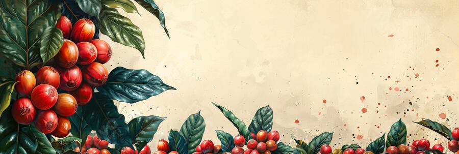 Frutos de café vermelhos vibrantes com folhas verdes em ilustração botânica