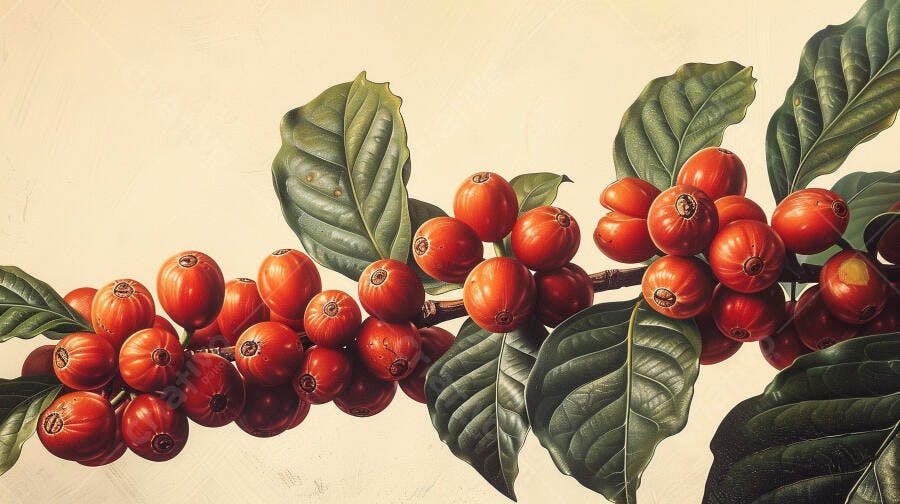 Grãos de café vermelhos maduros em ramo com folhas verdes ilustração botânica
