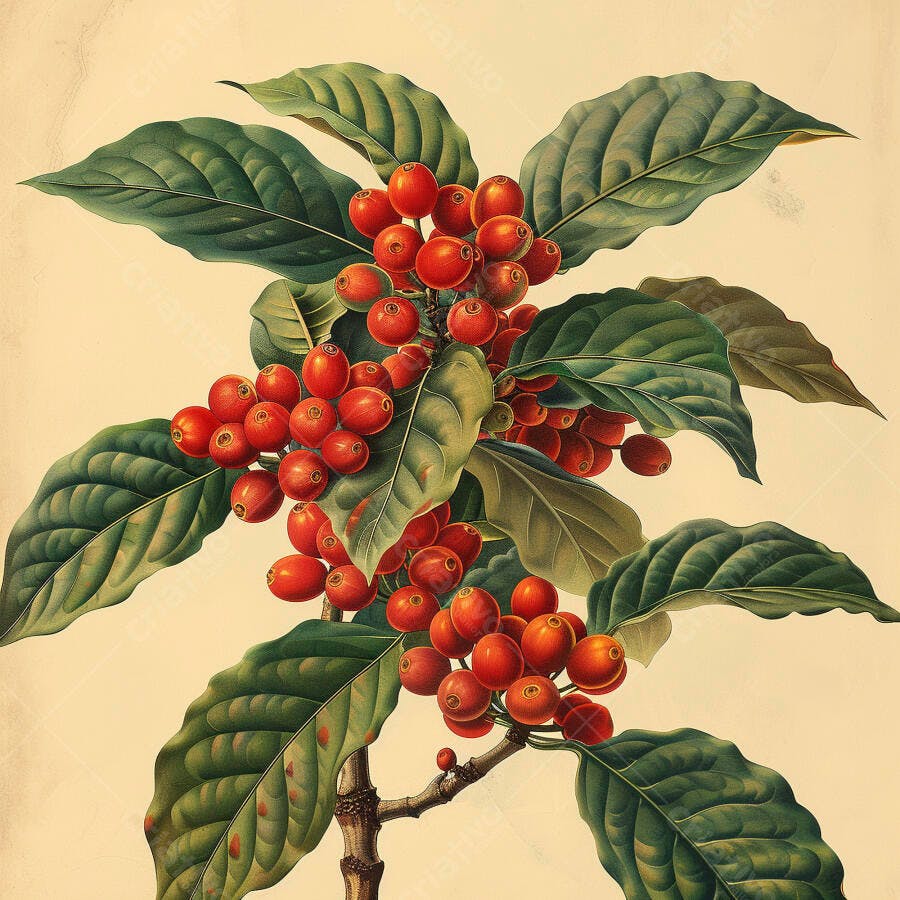 Cerejas de café vermelhas na planta com folhas verdes ilustração botânica