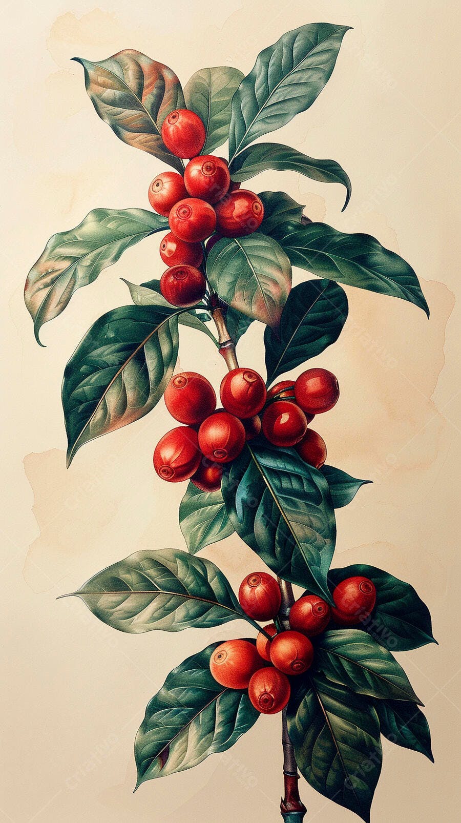 Planta de café com frutos vermelhos e folhas verdes ilustração botânica antiga