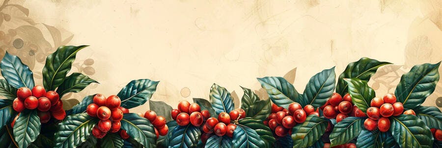 Cafeeiros com frutos vermelhos e folhas vibrantes sobre fundo creme vintage