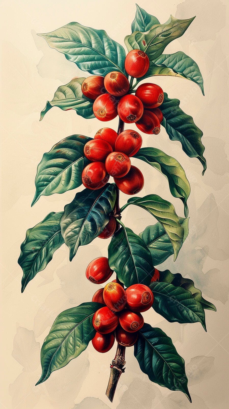 Ramo de café com bagas vermelhas e folhas verdes ilustração botânica vintage
