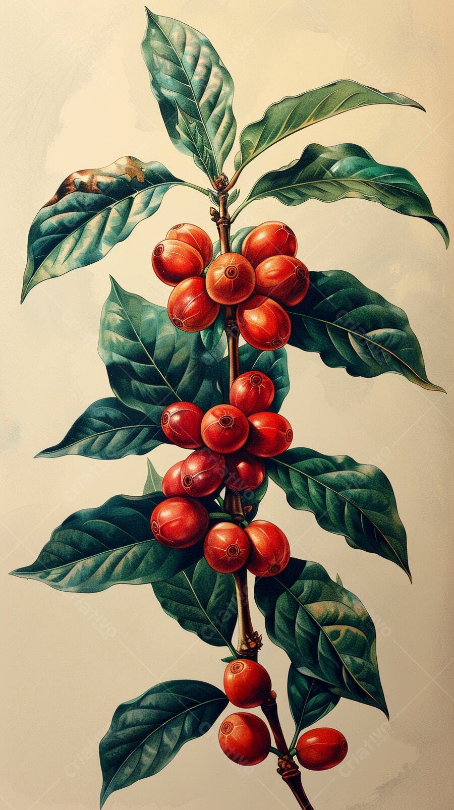 Planta de café com grãos vermelhos e folhas verdes ilustração botânica