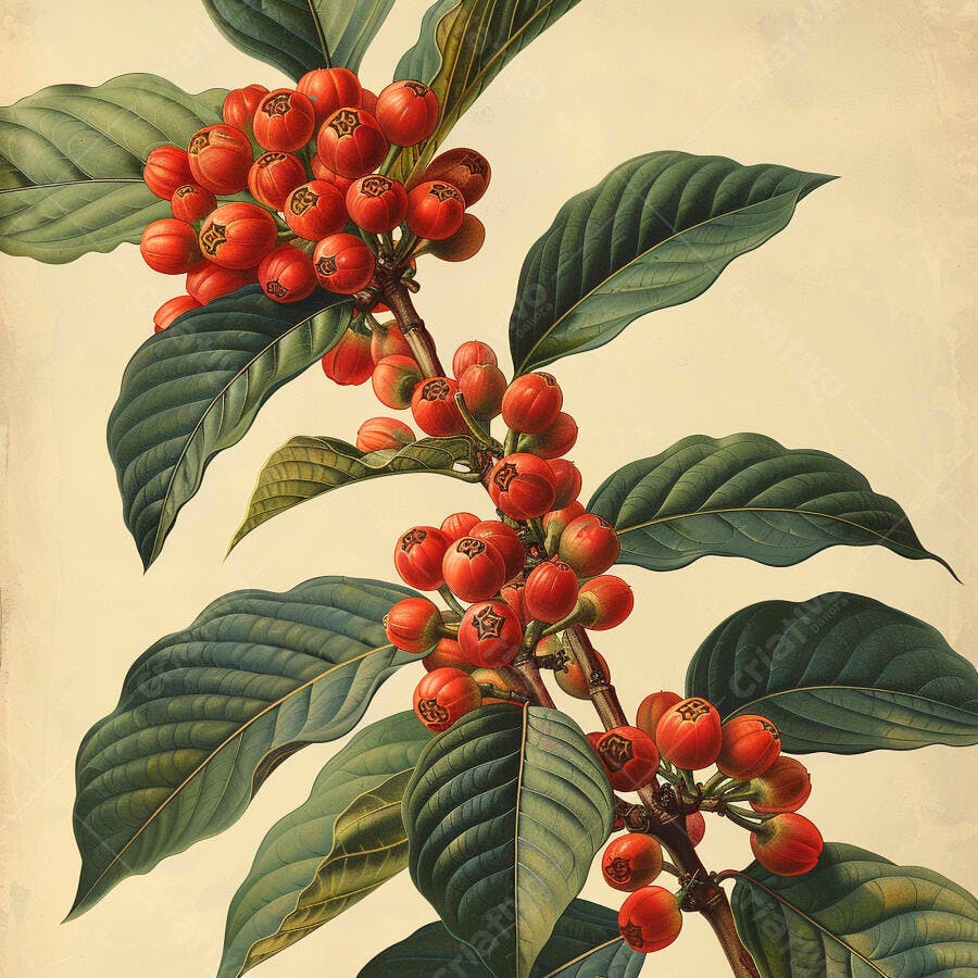 Ilustração botânica vintage de frutos vermelhos com folhas verdes