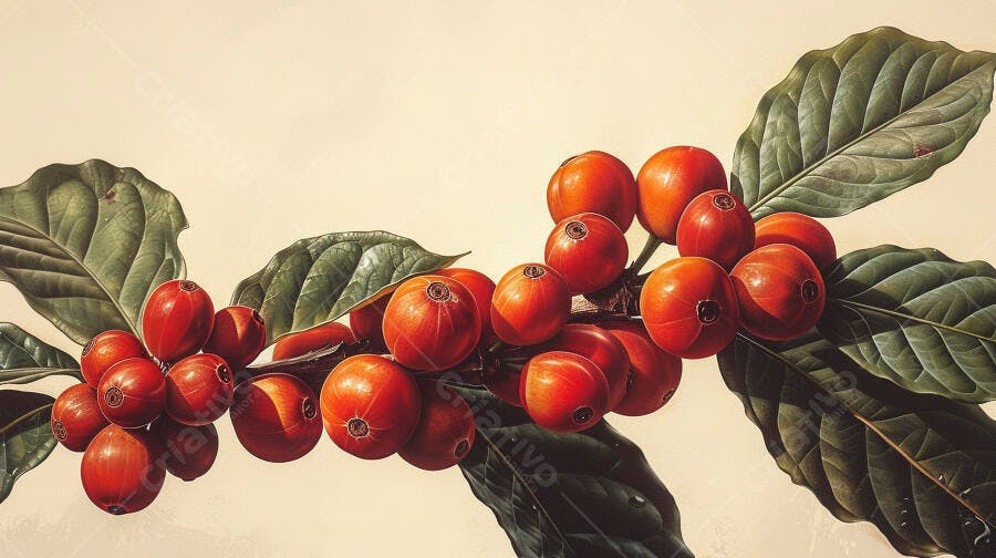 Grãos de café vermelhos maduros em galho com folhas verdes