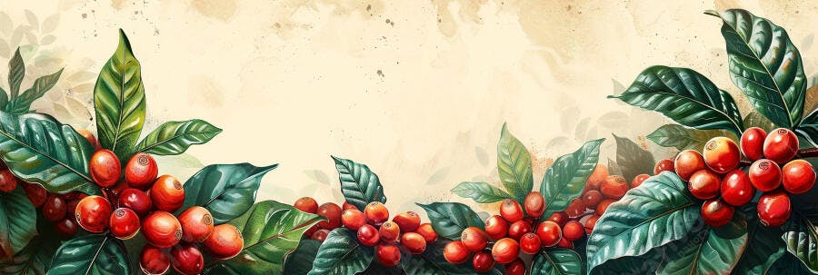 Grãos de café maduros com folhas verdes vibrantes em ilustração botânica fundo creme