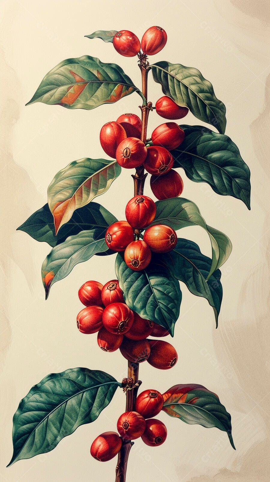Ramo de cafeeiro com frutos vermelhos maduros ilustração botânica