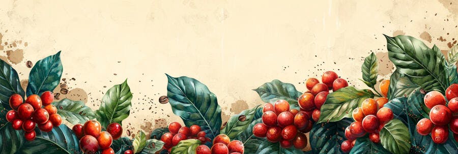 Ilustração aquarela café com cerejas vermelhas e folhas verdes vibrantes