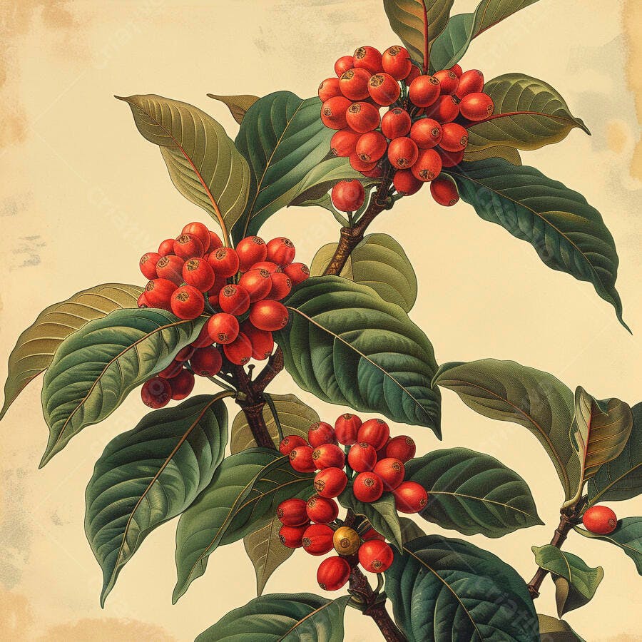 Ilustração botânica vintage cerejas de café vermelhas vibrantes e folhas verdes