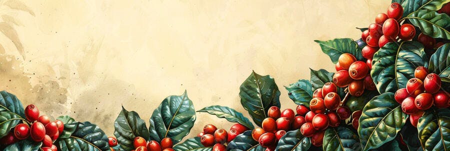 Grãos de café vermelhos e folhas verdes em galhos com fundo vintage
