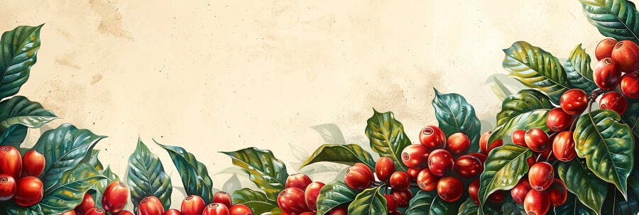 Cerejas de café vermelhas e folhas verdes em fundo bege rústico