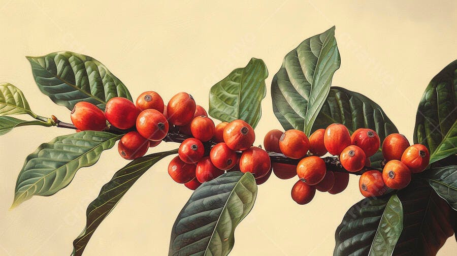 Grãos de café vermelhos maduros em ramo com folhas verdes vibrantes