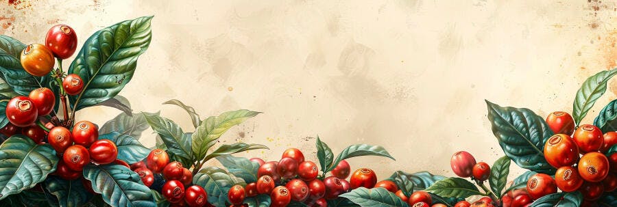 Grãos de café maduros vermelhos e folhas verdes ilustração aquarela